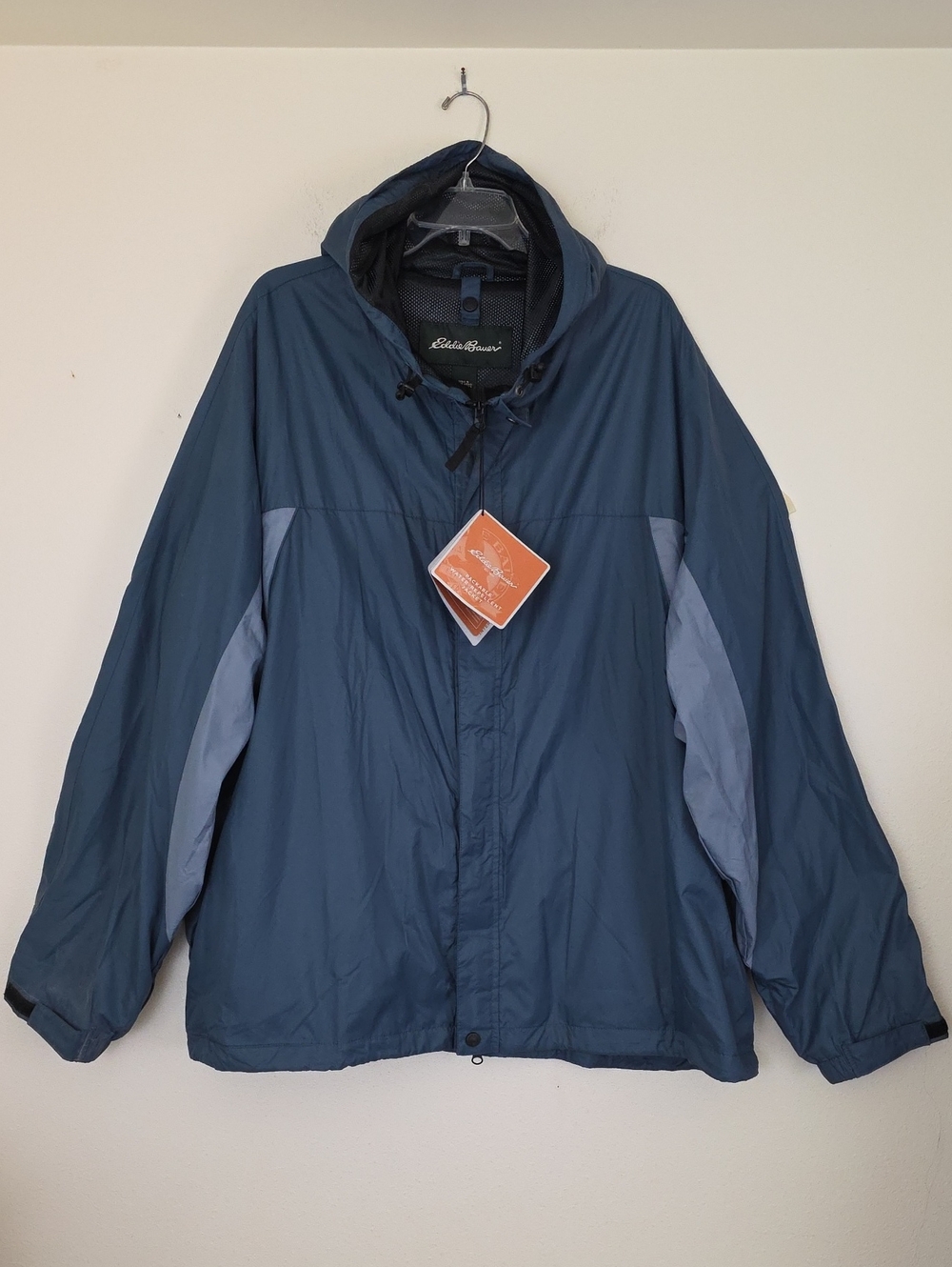 NWT Eddie Bauer Packable Water Repellant Blue & Gray Hooded Jacket Mens XXXL